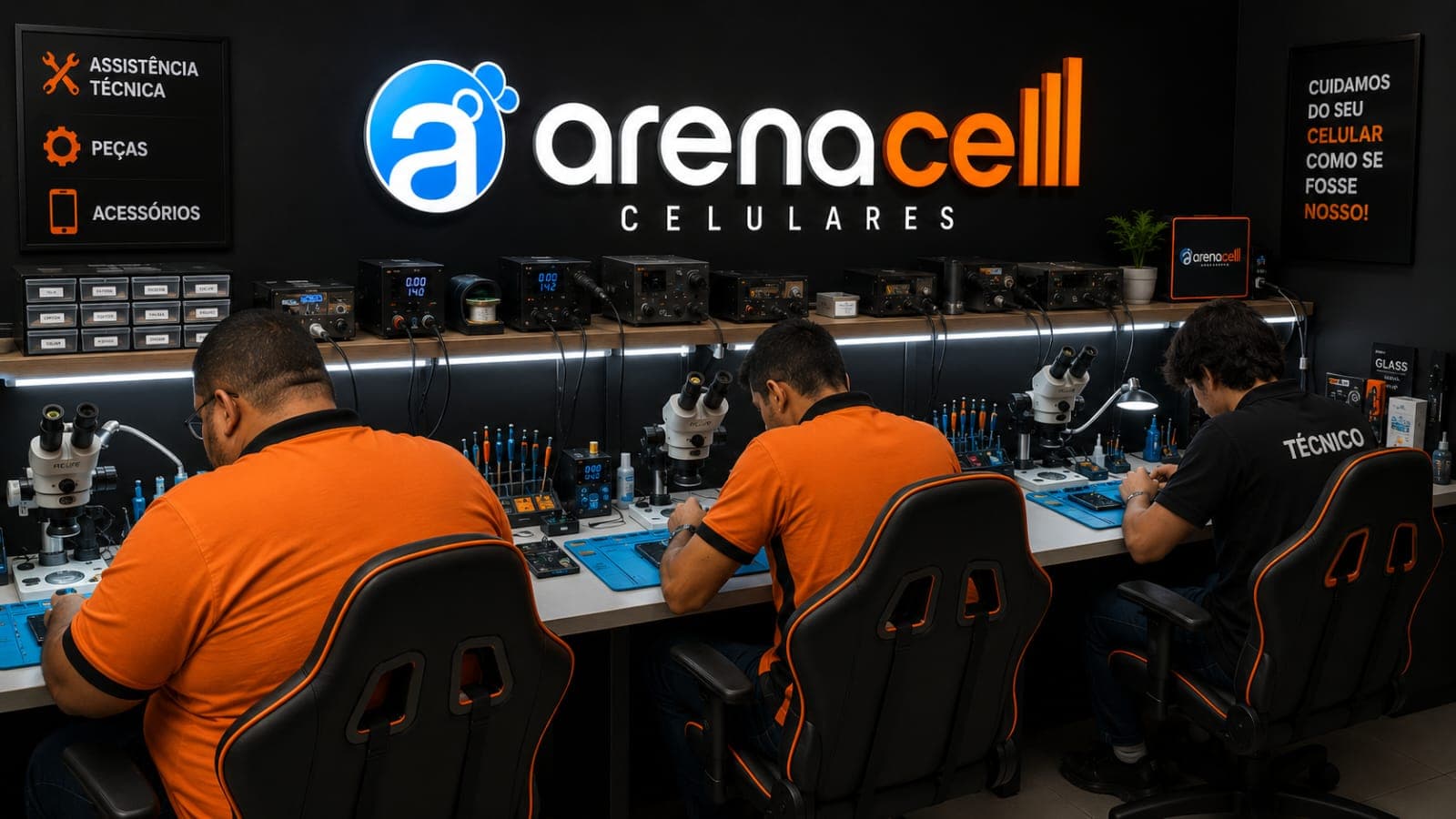 Técnico da Arena consertando um celular na bancada